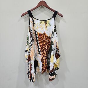 Chicos Womens Cold Shoulder Top Multicolor Boho Artsy Asymmetric Flowy Oversized